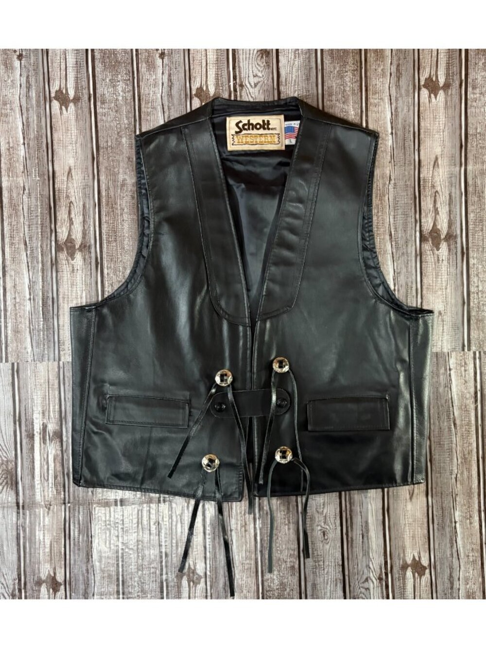 Schott Western concho button Leather Vest size L color black made USA VTG 90's